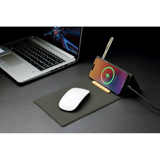 BLACE - @memorii Recycled PU Mouse Pad with Wireless Charger & Mobile Stand - Black