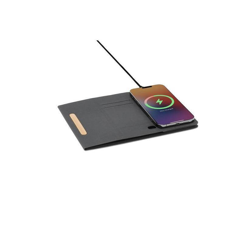 BLACE - @memorii Recycled PU Mouse Pad with Wireless Charger & Mobile Stand - Black