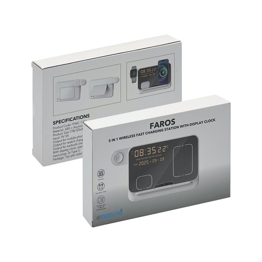 FAROS - @memorii 5 in 1 Wireless Fast Charging Station with Display Clock - White