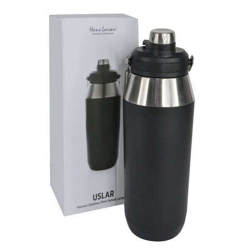 USLAR - Hans Larsen Vacuum Bottle with Solid Handle and Dual Lid - 1L - Black